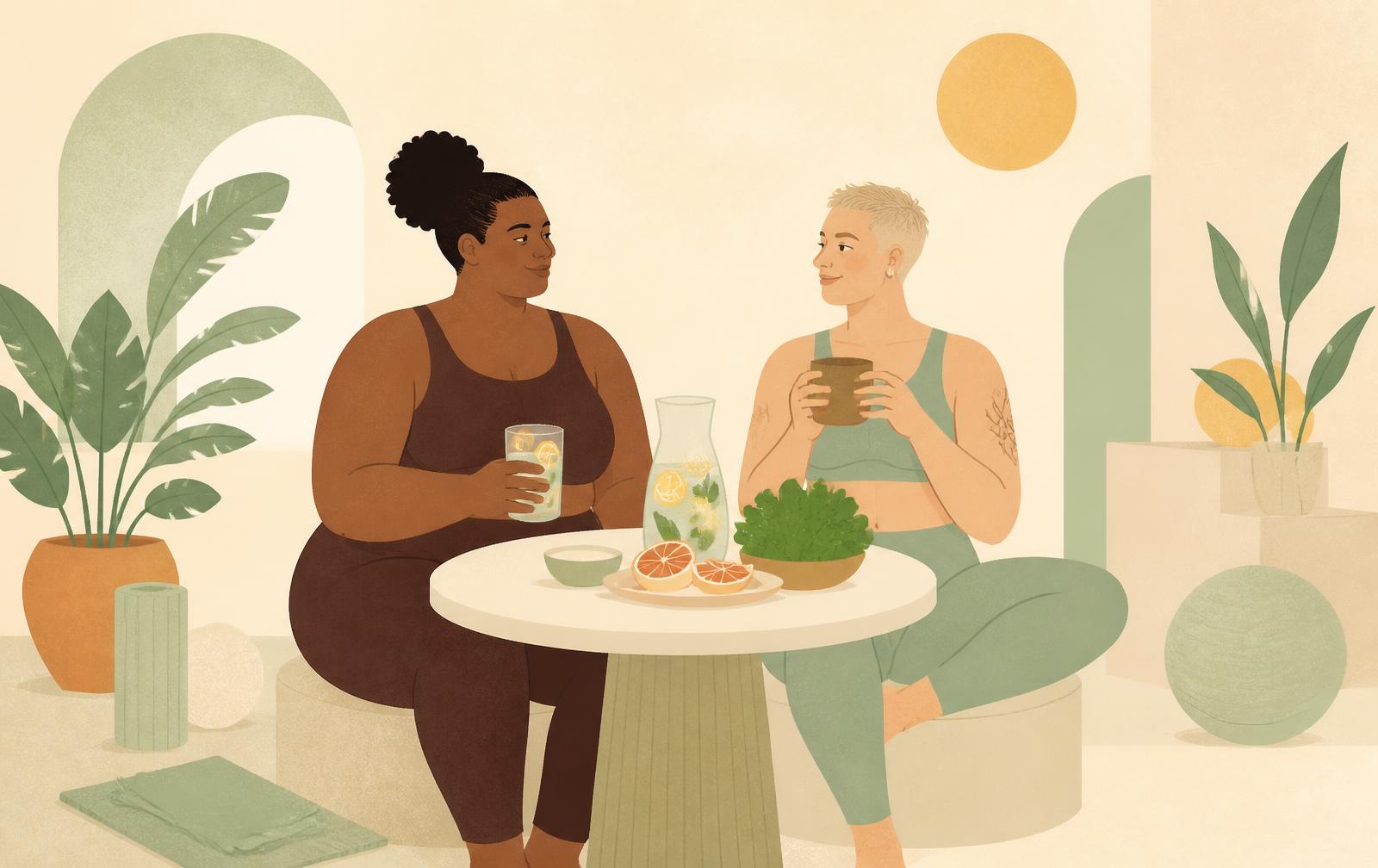 Two people sharing a nourishing post-practice pause