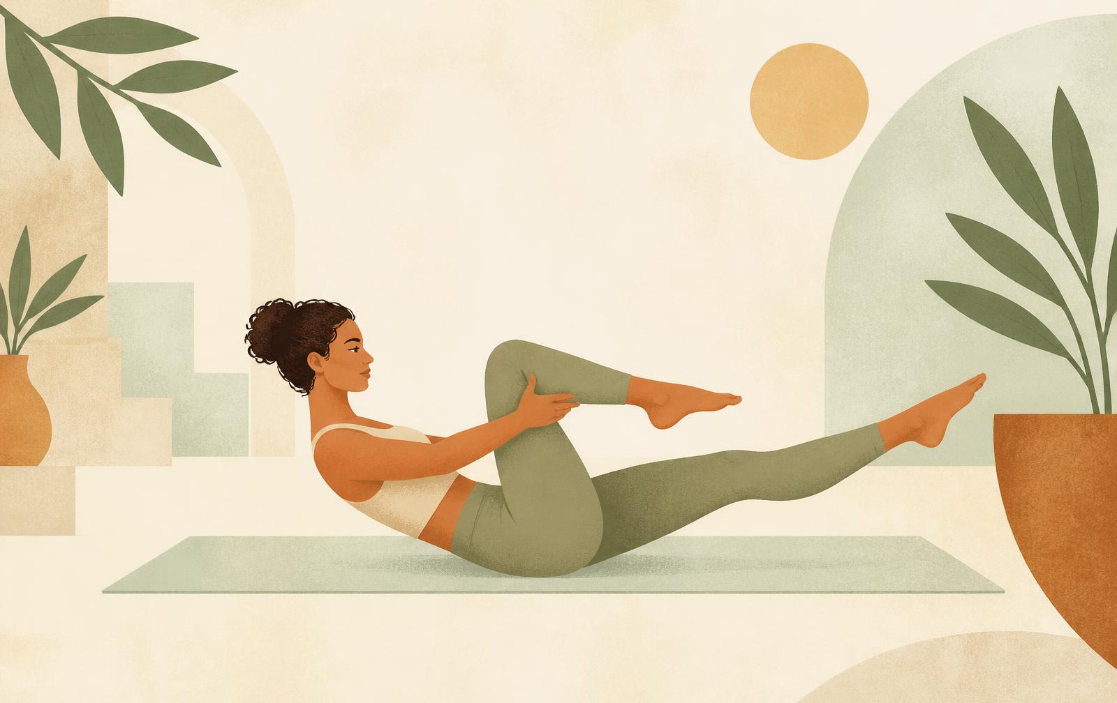 A Pilates practitioner moving with control in a warm, geometric studio scene