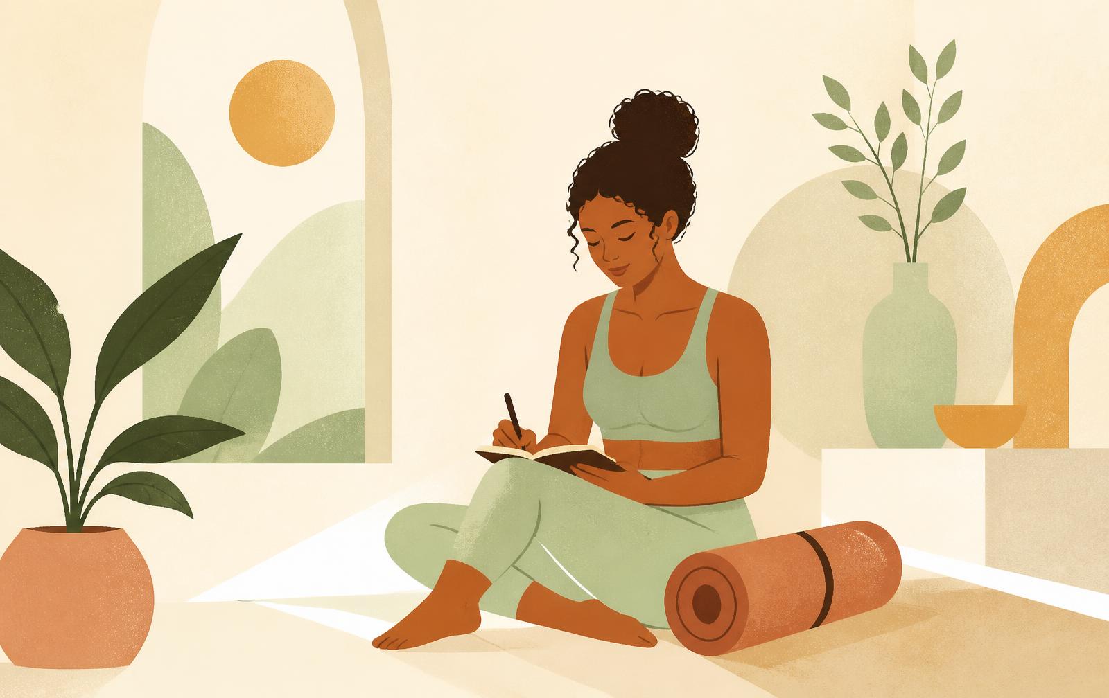 A Pilates practitioner writing a quiet reflection after movement